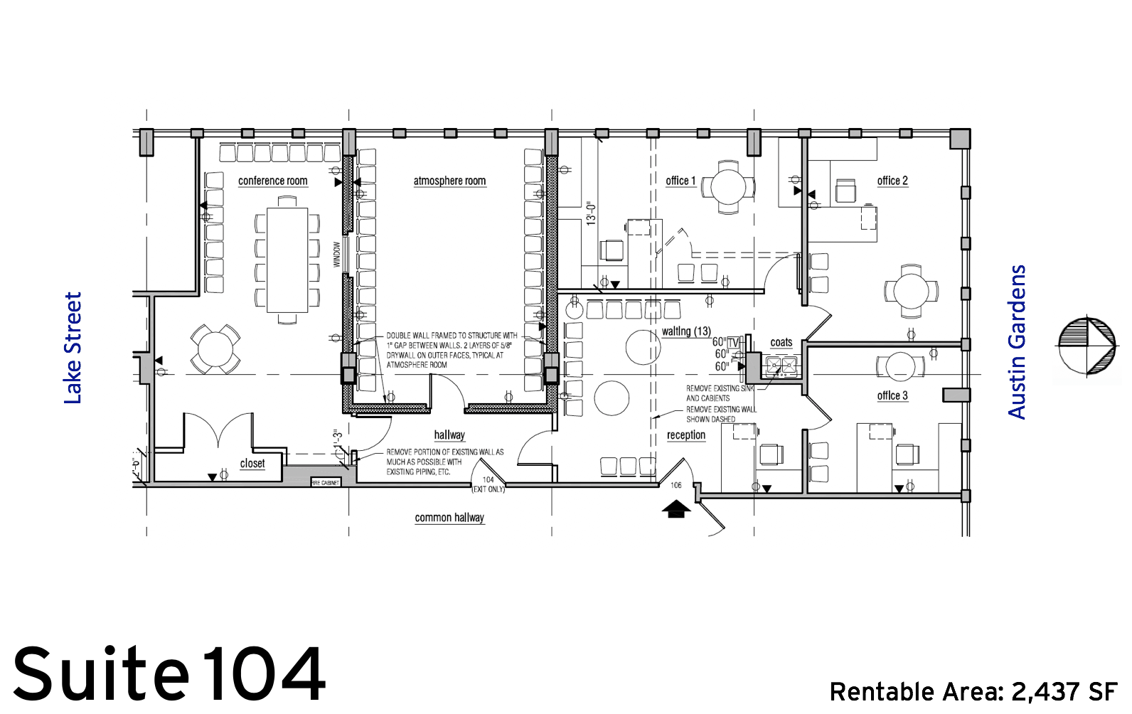 Suite 104 floor plan (2,437 SF) :: Available Oak Park, IL office space rentals: 1010 Lake Street, Oak Park, IL